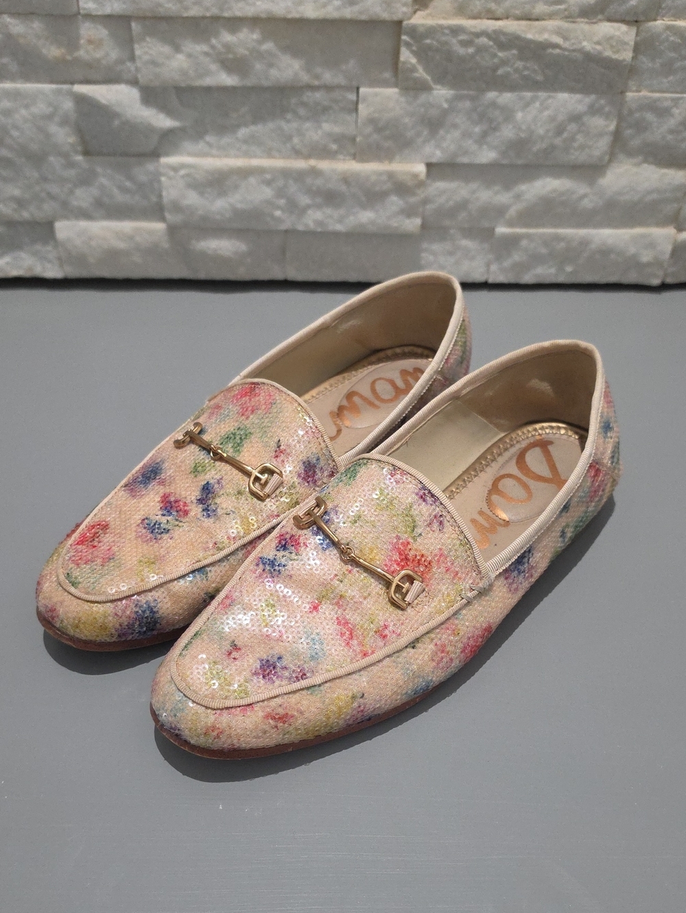 Sam Edelman Pastel Floral Sequin Loafers with Gold Bit